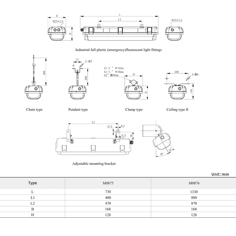 M0875/0876 Industrial full plastic emergency fluorescent light fittings